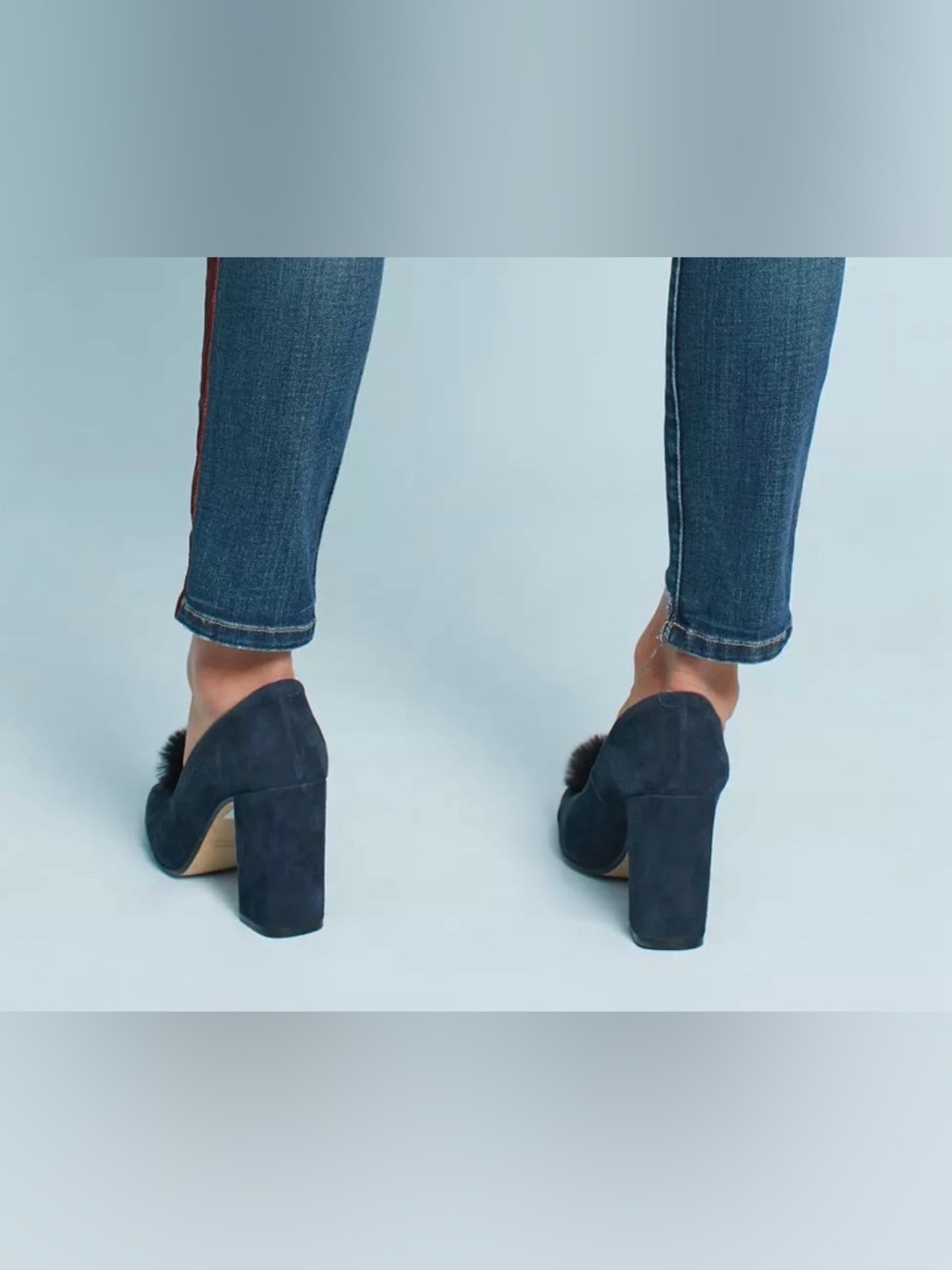 Anthropologie suede navy blue block heel pumps w/ faux fur pompons. Vintage. 6.5 - Picture 3 of 15